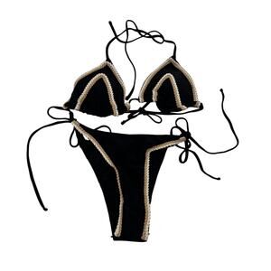 Shenhe Womens Medium Black Brown Triangle 2 Piece Swimsuit Bikini Swimwear Set